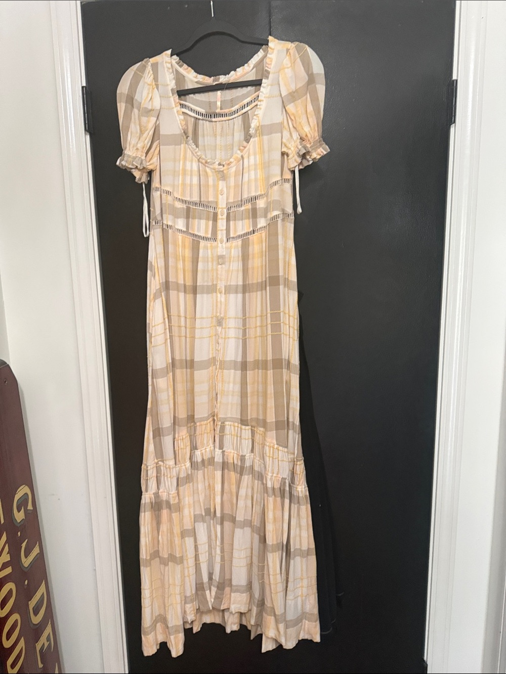 Free People Yellow and Cream Plaid Button-Front Maxi Dress